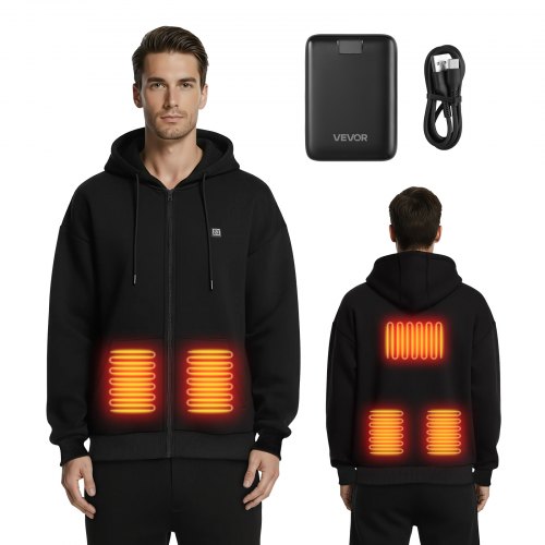 

VEVOR Heated Jacket Hoodie for Men Women, Heated Sweatshirt Unisex Full-Zip with 7.4V 16000mAh Power Bank Pack, 5 Heating Zones, 3 Temp Levels, 4-8H Warmth, for Winter Outdoor Camping, Black, S Size