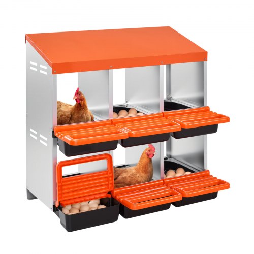 

VEVOR 2 Tiers Chicken Nesting Boxes, 6 Compartments, Metal Egg Laying Boxes with Protective Collection Lids, Roll Out Nesting Box, Easy to Assemble, Ideal for Hens, Ducks, Chickens, and Other Poultry