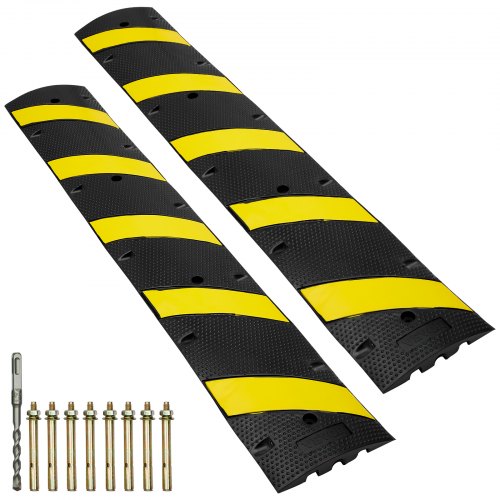 

VEVOR 2PCs 6 ft Rubber Speed Hump, 2 Channel, 10000 kg/axle Capacity Heavy Duty Traffic Speed Bump, with High Reflective Yellow Strip 8 Expansion Screws and 1 Drill, for Asphalt Concrete Gravel Roads