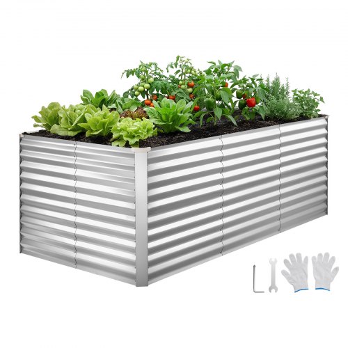 

VEVOR Galvanized Raised Garden Bed, 8 x 4 x 3 ft, Rectangular Metal Planter Box Kit Outdoor, Bottomless Elevated Planting Box with Gloves, Rustproof Alu-Zinc, for Growing Flowers Vegetables, Silver