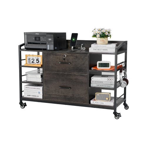 2 Drawers Metal File Cabinet with 6 Open Shelves and Power Strip Gray