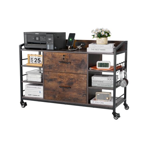 

VEVOR 2 Drawers Metal File Cabinet with 6 Open Shelves and Power Strip Brown