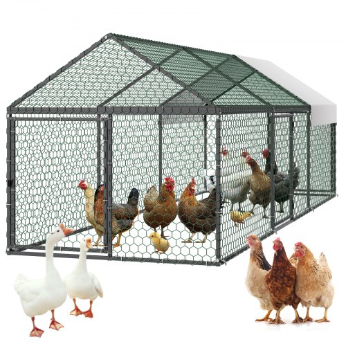 

VEVOR Metal Chicken Coop for 6-8 Chickens, 3.3 x 9.8 x 3.3 ft, Small Chicken Cage with Waterproof Cover & 3 Doors, Spire Roof Poultry Run Compatible with Wooden Coops, for Rabbit Hen Goose Duck