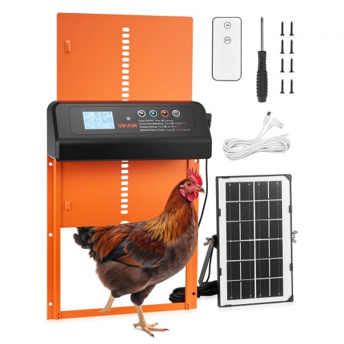 

VEVOR Automatic Chicken Coop Door, Solar & Battery Powered Chicken Door with LCD Display, Remote Control, Light Sensor & Timer, Anti-Pinch Security, Aluminum Alloy Chick Run Gate Opener, Orange