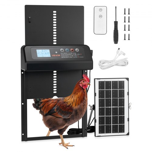 

VEVOR Automatic Chicken Coop Door, Solar & Battery Powered Chicken Door with LCD Display, Remote Control, Light Sensor & Timer, Anti-Pinch Security, Aluminum Alloy Chick Run Gate Opener, Black