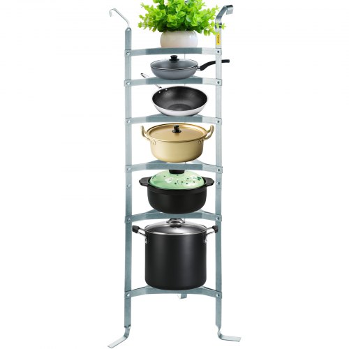 VEVOR 6-Tier Cookware Stand, Carbon Steel Multi-Layer Pot Rack, 61-inch Cookware Shelf, Satin Nickel Cookware Storage Tower, Unassembled Kitchen Corner Shelf Rack for Pans, Pots, and Baskets Storage