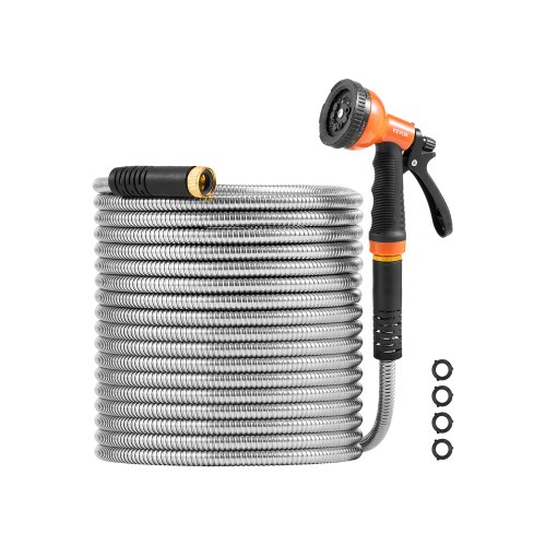 

VEVOR Metal Garden Hose 100 ft, Rust Proof Stainless Steel Water Hose, Heavy Duty Backyard Hose with 10 Function Nozzle, No-Kink & Flexible Water Pipe, Lightweight Metal Hose for Yard, Outdoor