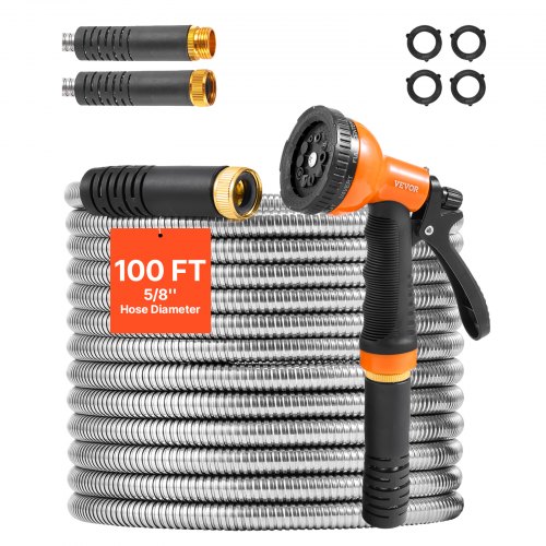 

VEVOR Metal Garden Hose 100 ft, Rust Proof Stainless Steel Water Hose, Heavy Duty Backyard Hose with 10 Function Nozzle, No-Kink & Flexible Water Pipe, Lightweight Metal Hose for Yard, Outdoor