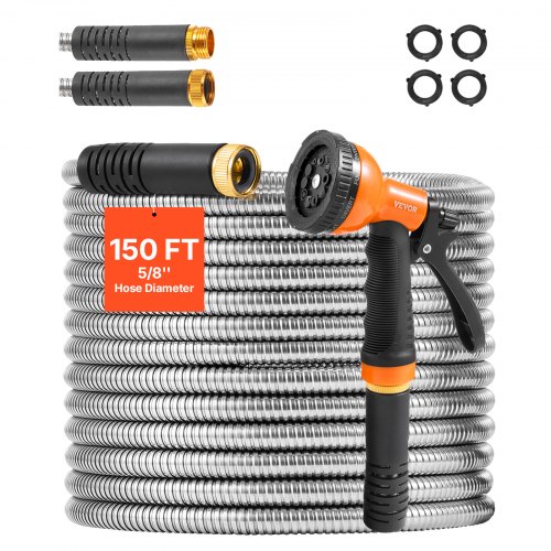 

VEVOR Metal Garden Hose 150 ft, Rust Proof Stainless Steel Water Hose, Heavy Duty Backyard Hose with 10 Function Nozzle, No-Kink & Flexible Water Pipe, Lightweight Metal Hose for Yard, Outdoor