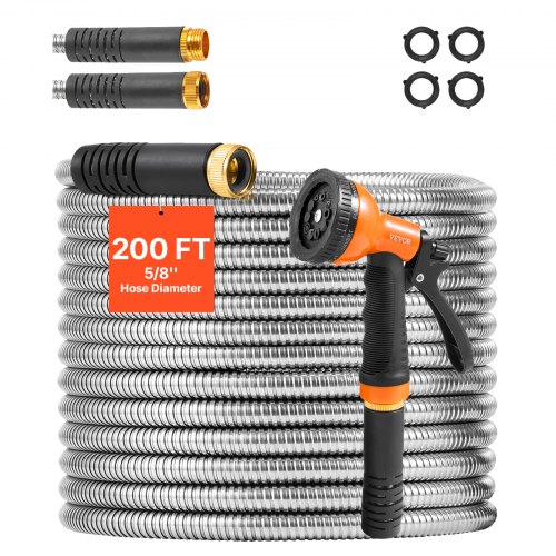 

VEVOR Metal Garden Hose 200 ft, Rust Proof Stainless Steel Water Hose, Heavy Duty Backyard Hose with 10 Function Nozzle, No-Kink & Flexible Water Pipe, Lightweight Metal Hose for Yard, Outdoor
