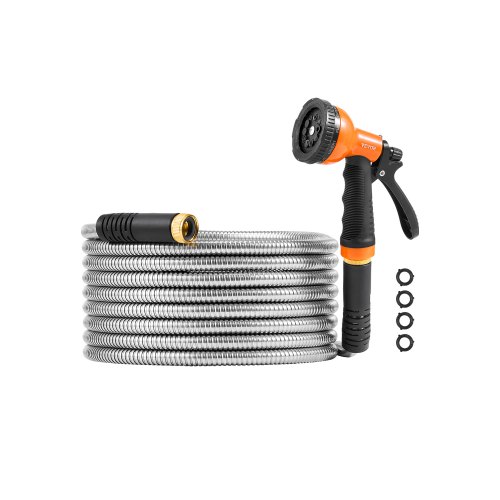 

VEVOR Metal Garden Hose 25 ft, Rust Proof Stainless Steel Water Hose, Heavy Duty Backyard Hose with 10 Function Nozzle, No-Kink & Flexible Water Pipe, Lightweight Metal Hose for Yard, Outdoor