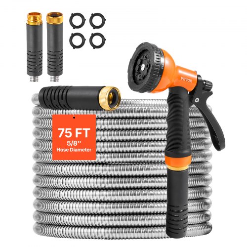 

VEVOR Metal Garden Hose 75 ft, Rust Proof Stainless Steel Water Hose, Heavy Duty Backyard Hose with 10 Function Nozzle, No-Kink & Flexible Water Pipe, Lightweight Metal Hose for Yard, Outdoor