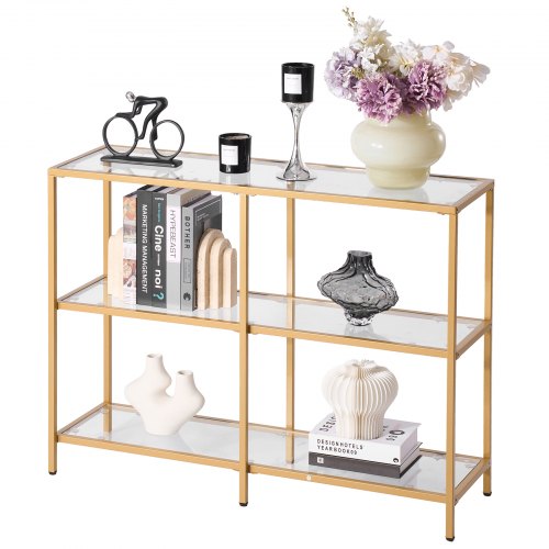 

3-Tier Glass Console Table Rectangle Sofa Side Table with Anti-Tip Golden