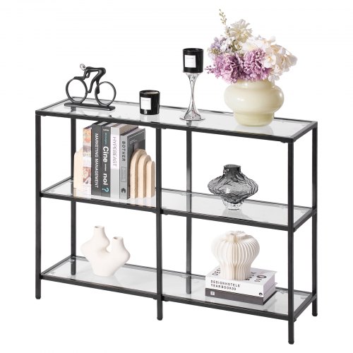 

3-Tier Glass Console Table Rectangle Sofa Side Table with Anti-Tip Black