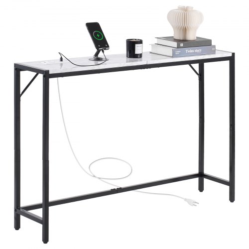 VEVOR Marble Console Table, Modern Narrow Long Console Table with Power Outlet, Thin Sofa Side Table with Iron Tubes, Anti-Tip Device and Triangular Support for Living Room, Hallway, Entryway, Foyer