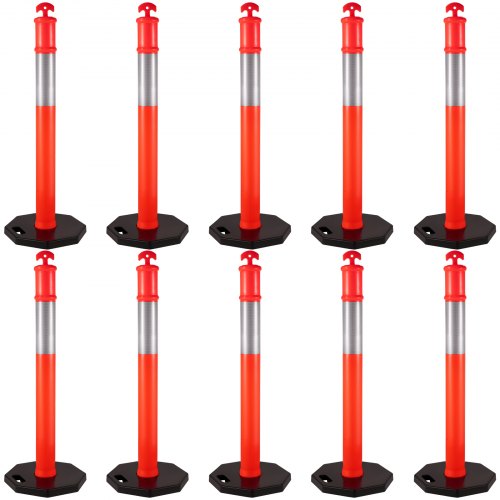 VEVOR 10Pack Traffic Delineator Posts 44 Inch Height, PE Channelizer Cones Post Kit 10 inch Reflective Band, Delineators Post with Rubber Base 16 inch for Construction Sites, Facility Management etc.