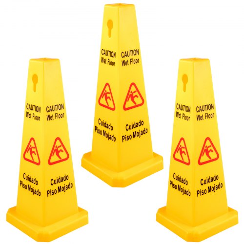 Wet Floor Sign Caution Wet Floor Yellow Floor Wet Sign 4 Sided Cone Sign 3PCS