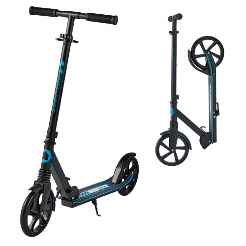 VEVOR Kick Scooter for Kids Ages 8+, Teens & Adults, 2-Wheel Toddler Scooter with Adjustable Height Handlebar, Wide Anti-Slip Deck, Foldable Lightweight for Boys & Girls up to 99.8 kg, Black + Blue