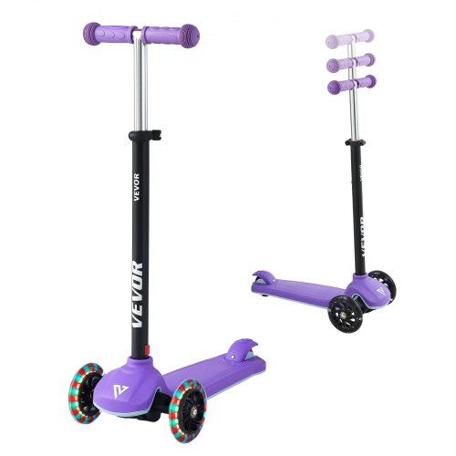 VEVOR Kick Scooter for Kids Ages 3+, 3-Wheel Toddler Scooter with Light-Up Wheels, Adjustable Height Handlebar, Wide Anti-Slip Deck, Lightweight Aluminum Frame for Boys & Girls up to 74.8 kg, Purple