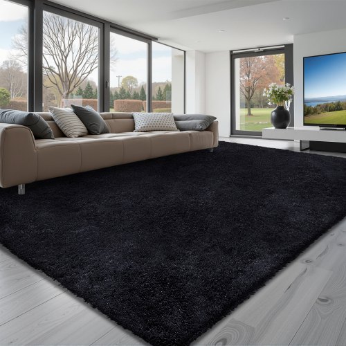 VEVOR Indoor Plush Area Rugs, 8 x 10 ft Soft Plush Carpet, Furry Shag Area Rugs for Living Room, Bedroom, Sunroom, Modern Home Decor Aesthetic, Non-Shedding, Non-Woven, Slip-Resistant, Black