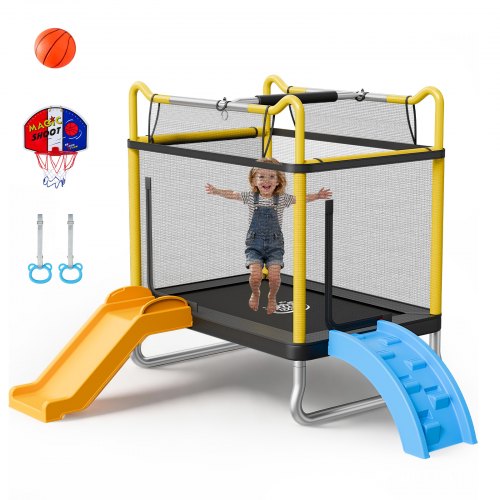 

VEVOR Trampoline for Kids, Toddler Mini Trampoline, 132 lbs Capacity Indoor Outdoor Play Toys with Enclosure Net, Slide, and Ring, Easy to Assemble, Christmas Toys Birthday Gifts for Girls Boys