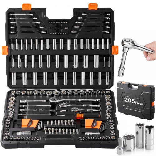 Vevor Mechanics Tool Set And Socket Set, 1/4" 3/8" 1/2" Drive Deep And Standard Sockets, 205 Pcs Sae And Metric Mechanic Tool Kit With Bits, Combinati-image