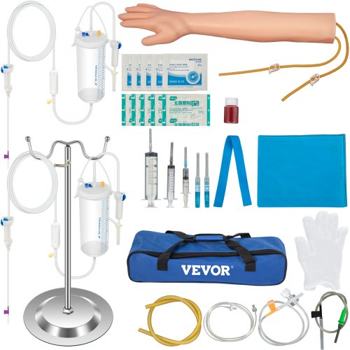 VEVOR Intravenous Practice Arm Kit 25 Pieces Phlebotomy Arm Made of PVC Material Practice Arm for Phlebotomy w/Height Adjustable Infusion Stand IV Practice Arm Kit for Venipuncture Injection Practice