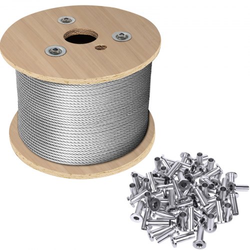 VEVOR T316 Stainless Steel Wire Cable, 1/8'' x 500ft Aircraft Wire Rope, 7x7 Strand Construction, w/ 82pcs Protective Protector Sleeve for Stair Handrail, Yard, Garden, Deck Railing