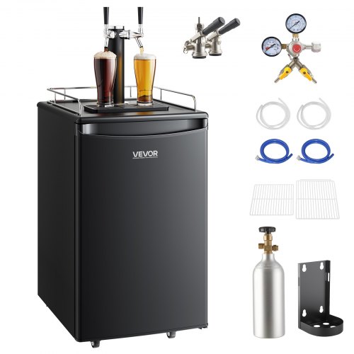 

VEVOR Beer Kegerator, Dual Tap Draft Beer Dispenser, Full Size Keg Refrigerator With Shelves, CO2 Cylinder, Drip Tray & Rail, 32°F- 50°F Temperature Control, Holds 1/6, 1/4, 1/2 Barrels, Black