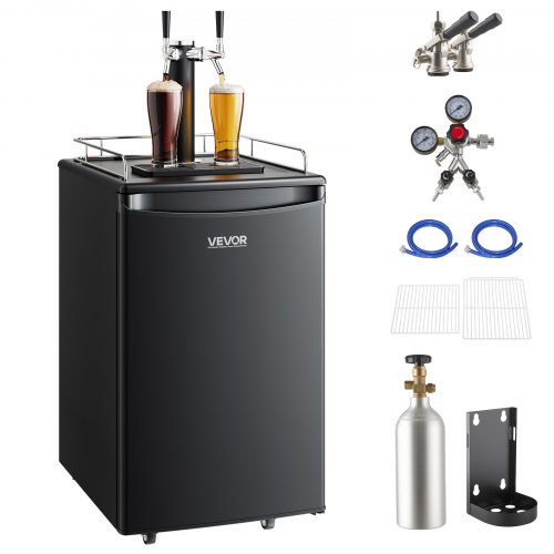 

VEVOR Beer Kegerator, Dual Tap Draft Beer Dispenser, Full Size Keg Refrigerator with CO2 Cylinder, Shelves, Drip Tray & Rail, 32°F- 50°F Temperature Control, Hold 1/6, 1/4, 1/2 Barrels, Black
