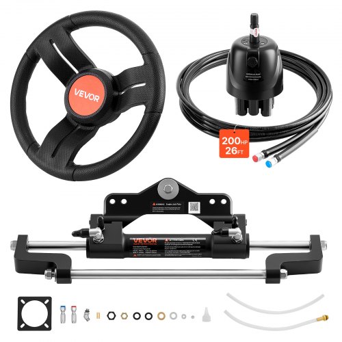 VEVOR Outboard Hydraulic Steering Kit, 200 HP, Marine Boat Hydraulic Steering System with 6.9 MPa Two-Way Lock Helm Pump, Cylinder, 2 PCS 26 ft Hoses,