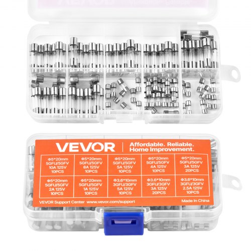 VEVOR 120 Pcs Fast-Blow Glass Fuses Assortment Kit 125V 5 x 20 mm & 3.6 x 10 mm