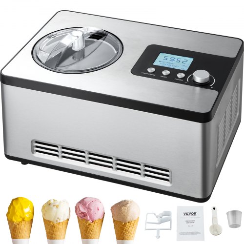 

VEVOR Automatic Ice Cream Maker with Built-in Compressor, 2 Quart No Pre-freezing Fruit Yogurt Machine, Stainless Steel Electric Sorbet Maker, 3 Modes Gelato Maker with LCD Display & Timer, Silver