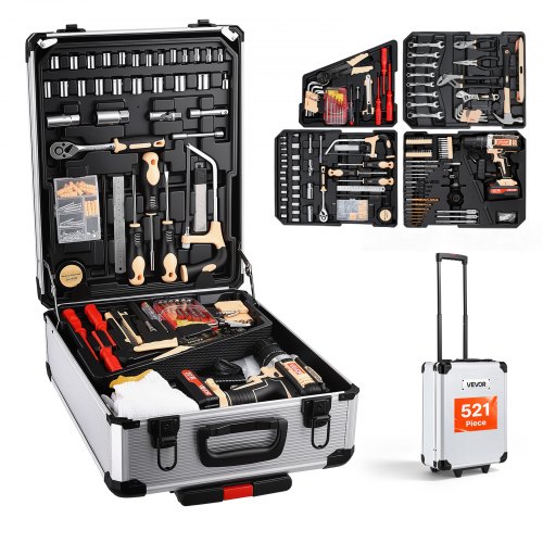 VEVOR Tool Kit 521-Piece General Household Tool Kit for Home Maintenance, For Everyday House Repairs, DIY Projects, with Portable Storage Case, High-Quality Steel, with Cordless Drill, Bits, Hammer
