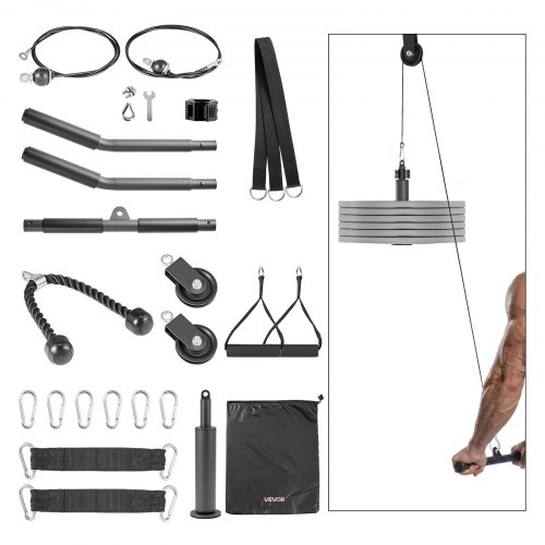

VEVOR Pulley System, 2 PCS LAT and Lift Pulley System, Gym Rack Pulleys Attachment with two Steel Cables, Short Bar, Dual Grip Handles, Cable Machine for Bicep, Shoulder, Back, Up to 330 lbs Capacity