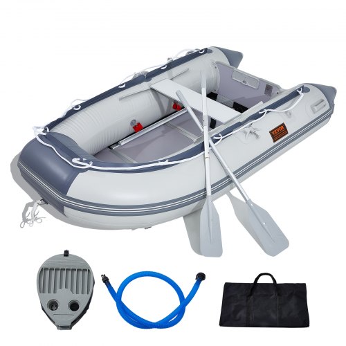 VEVOR Inflatable Dinghy Boat, 4-Person Transom Sport Tender Boat, with Marine Wood Floor and Adjustable Aluminum Bench, 1000 lbs Inflatable Fishing Boat Raft, Aluminum Oars, Air Pump, and Carry Bag JYK4RK000000DU7WZV0
