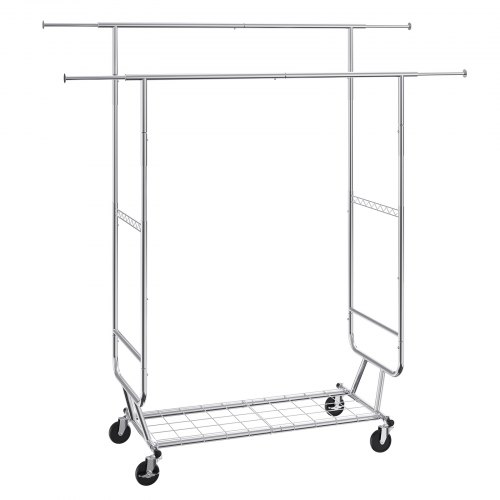 

VEVOR Heavy Duty Clothes Rack, Double Hanging Rod Clothing Garment Rack for Hanging Clothes, Adjustable Height and Extendable Length Clothing Rack with Bottom Storage Area, 600 lbs Load Capacity