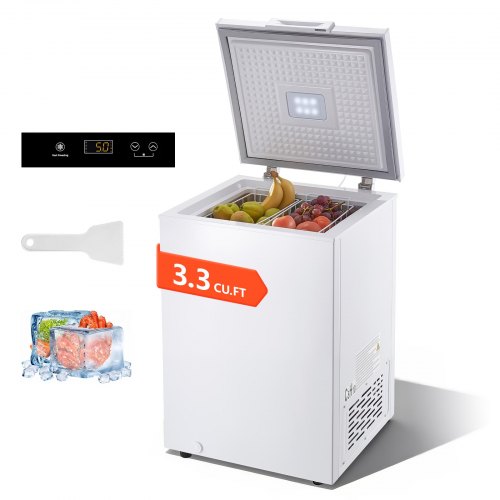

VEVOR Chest Freezer, 3.3 Cu.ft Compact Deep Freezer, Free Standing Top Open Door Chest Freezers with 2 Removable Baskets & Adjustable Thermostat - Energy Saving, Low Noise & Garage Ready, White