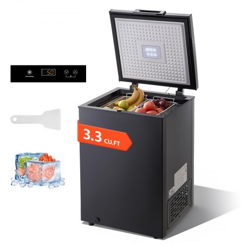 

VEVOR Chest Freezer, 3.3 Cu.ft Compact Deep Freezer, Free Standing Top Open Door Chest Freezers with 2 Removable Baskets & Adjustable Thermostat - Energy Saving, Low Noise & Garage Ready, Black