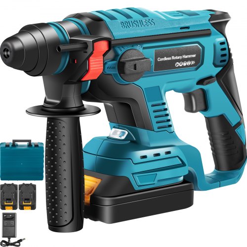 VEVOR SDS-Plus Heavy Duty Rotary Hammer Drill, 900 rpm & 4500 bpm Variable Speed Electric Hammer, 4 Functions Cordless Drill w/ LED Light & Ruler, 360° Rotary Handle 18V Batteriesx2 Demolition Hammer