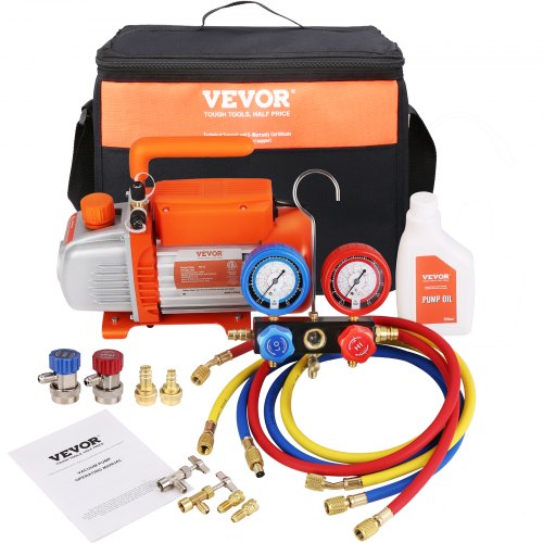 

VEVOR 1/5 HP 3.5 CFM AC Vacuum Pump and Gauge Set, Single Stage Rotary Vane HVAC Air Vacuum Pump A/C Refrigerant Kit Manifold Gauge Set, with Three-Color Hose Carry Bag, Applicable to R134a, R1234yf