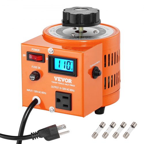 VEVOR 500VA Auto Variable Voltage Transformer, 3.84 Amp, 110V Input 0-130V Output AC Voltage Regulator, with LCD Display 4 Extra Fuses Thermal Control Switch for Home Industrial Office VEVOR 500VA Auto Variable Voltage Transformer, 3.84 Amp, 110V Input 0-130V Output AC Voltage Regulator, with LCD Display 4 Extra Fuses Thermal Control Switch for Home Industrial Office