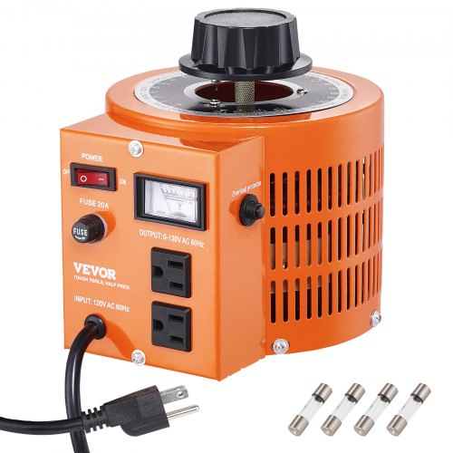 Vevor 2000VA Auto Variable Voltage Transformer, 15.3 Amp, 110V Input 0-130V Output AC Voltage Regulator Power Supply, with 4 Extra Fuses Thermal Control Switch for Home Industrial Office