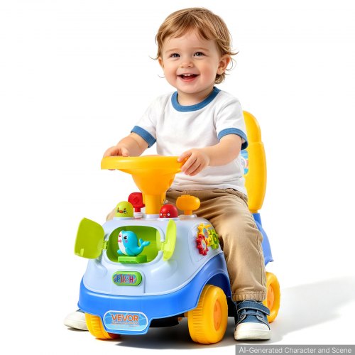 VEVOR Ride On Push Car for Toddlers Ages 19+ Months Sit-to-Stand Ride Toy, Kids Ride On Car for Boys Girls, Music Steering Wheel, Horn, Under-Seat Storage, Detachable Back, Indoor Outdoor Play, Blue