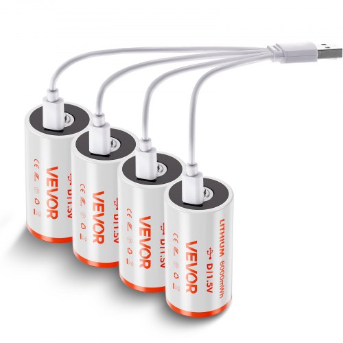 

VEVOR Rechargeable D Batteries, 4 Pack, 1.5V 6000mWh Lithium D Battery with 4 in 1 USB-C Charge Cable, Recharge Up to 1000+ Cycles, Lithium-ion D Cell Batteries for Flashlights, Floodlight, Toys