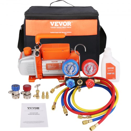 

VEVOR 1/5 HP 3.5 CFM AC Vacuum Pump and Gauge Set, Single Stage Rotary Vane HVAC Air Vacuum Pump A/C Refrigerant Kit Manifold Gauge Set, with Three-Color Hose Carry Bag, Applicable to R134a, R410a