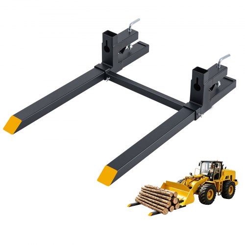 VEVOR Pallet Forks 2000 lbs Clamp-On Pallet Forks, 43 in Length Yellow Tips, for Tractor Attachments, Skid Steer & Loader Bucket, Adjustable Stabilizer Bar, Heavy-Duty Reinforced Tractor Bucket Fork