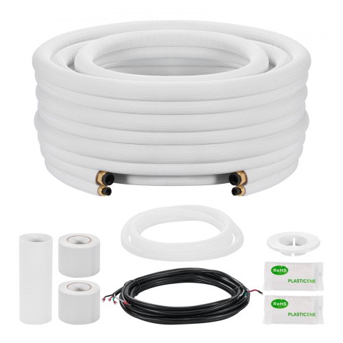 VEVOR 50ft Mini Split Line Set, 3/8” & 5/8” OD AC Copper Tubing Pipe, 3/8 White PE Thickened Insulated Coil with Flared Nuts, Rich Fittings, for Mini-image-010640939045
