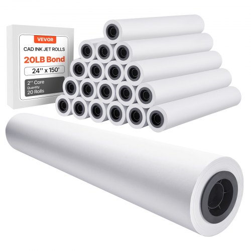 

VEVOR Wide Format Paper, 24 in x 150 ft Plotter Roll, 20 Rolls CAD Bond Rolls with 2 in Core, 20 LB Bond Paper Rolls, Ideal for CAD Drawings, Engineering Plans, GIS Maps, and Architectural Designs