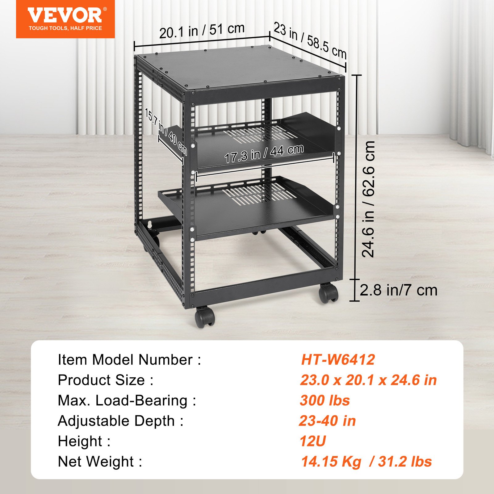 12U avatud raamiga serveririiul, 101,6 cm